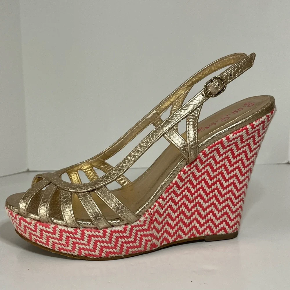 Lilly Pulitzer Sophie Pink and Gold Chevron Slingback Open Toe Strappy Wedges 6M